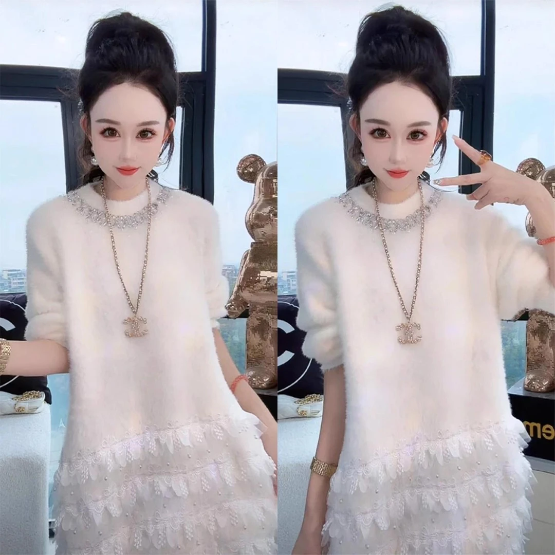 微恩COCO时尚女长袖毛衣针织衫镶钻套头洋气冬季新上衣中长款毛衣