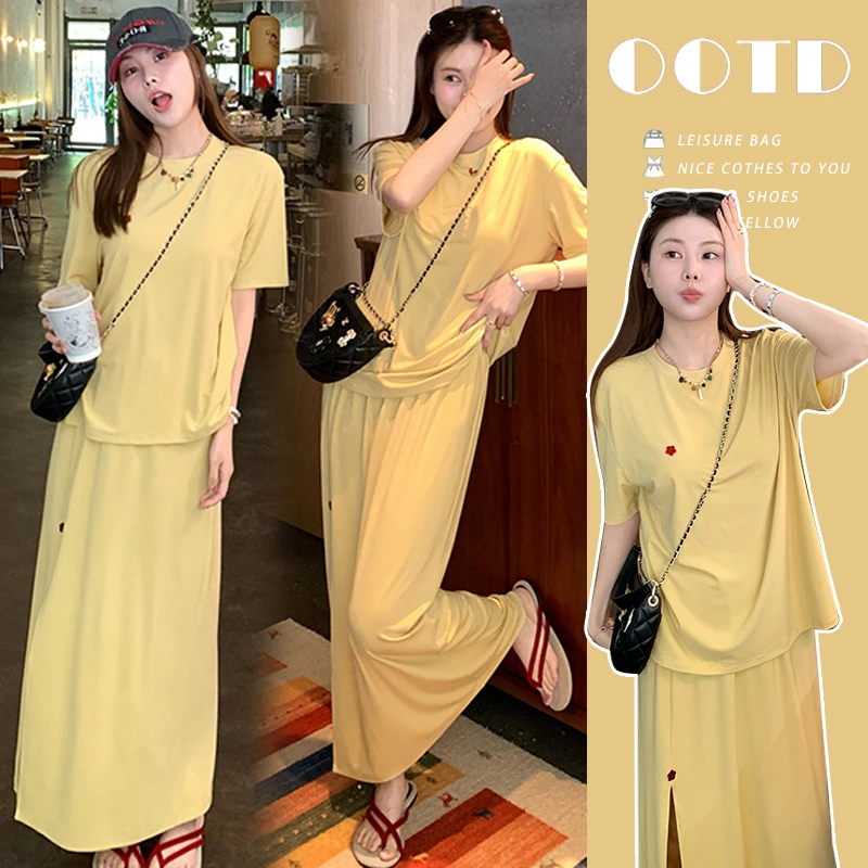 孕妇新款爆款慵懒风休闲夏季精致舒适孕妇套装百搭上衣开叉半身裙