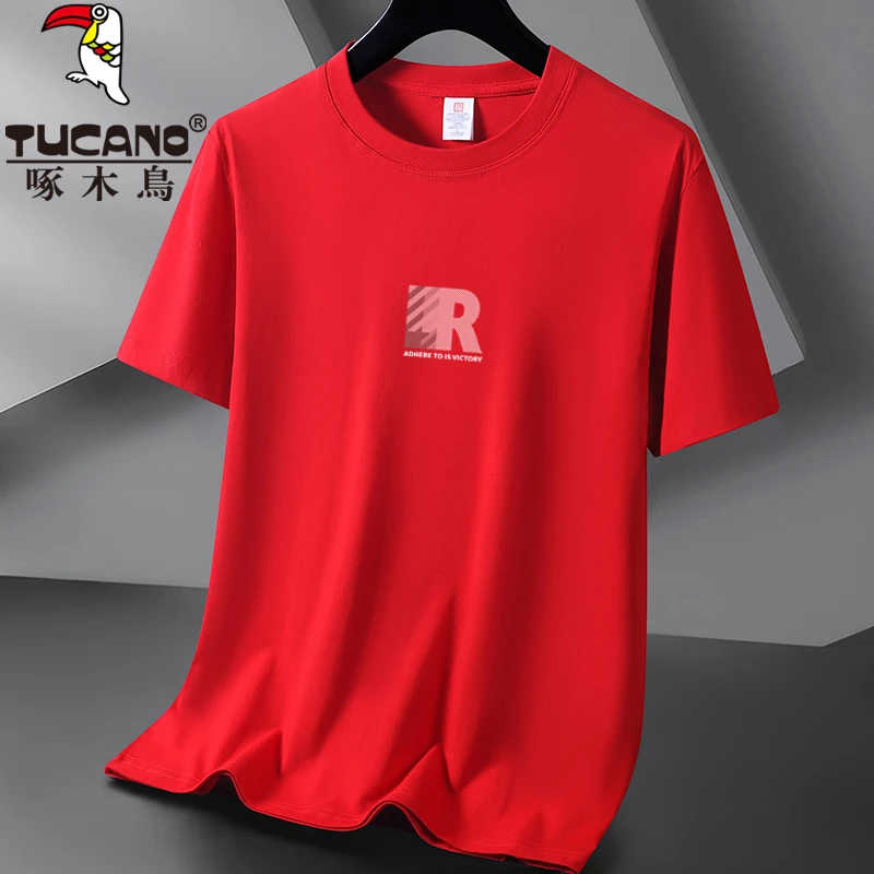 啄木鸟本命年中国红色短袖纯棉运动休闲男装圆领宽松半袖T恤大码