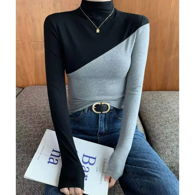 0120#拼色半高领长袖上衣女衬衫显瘦气质洋气时尚百搭打底秋冬