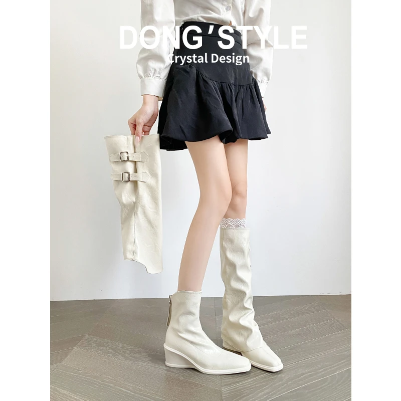 真皮~两穿长筒靴女2025秋冬新款皮带扣骑士靴女靴子高跟坡跟长靴