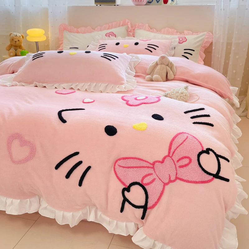 法式冬季加厚保暖牛奶绒四件套韩版公主风珊瑚法兰毛绒被套三件套