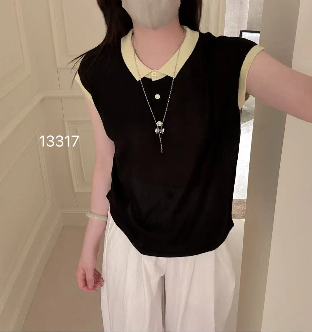13317（部分无水洗唛，介意慎拍）WANGDAN新款净版撞色翻领短袖