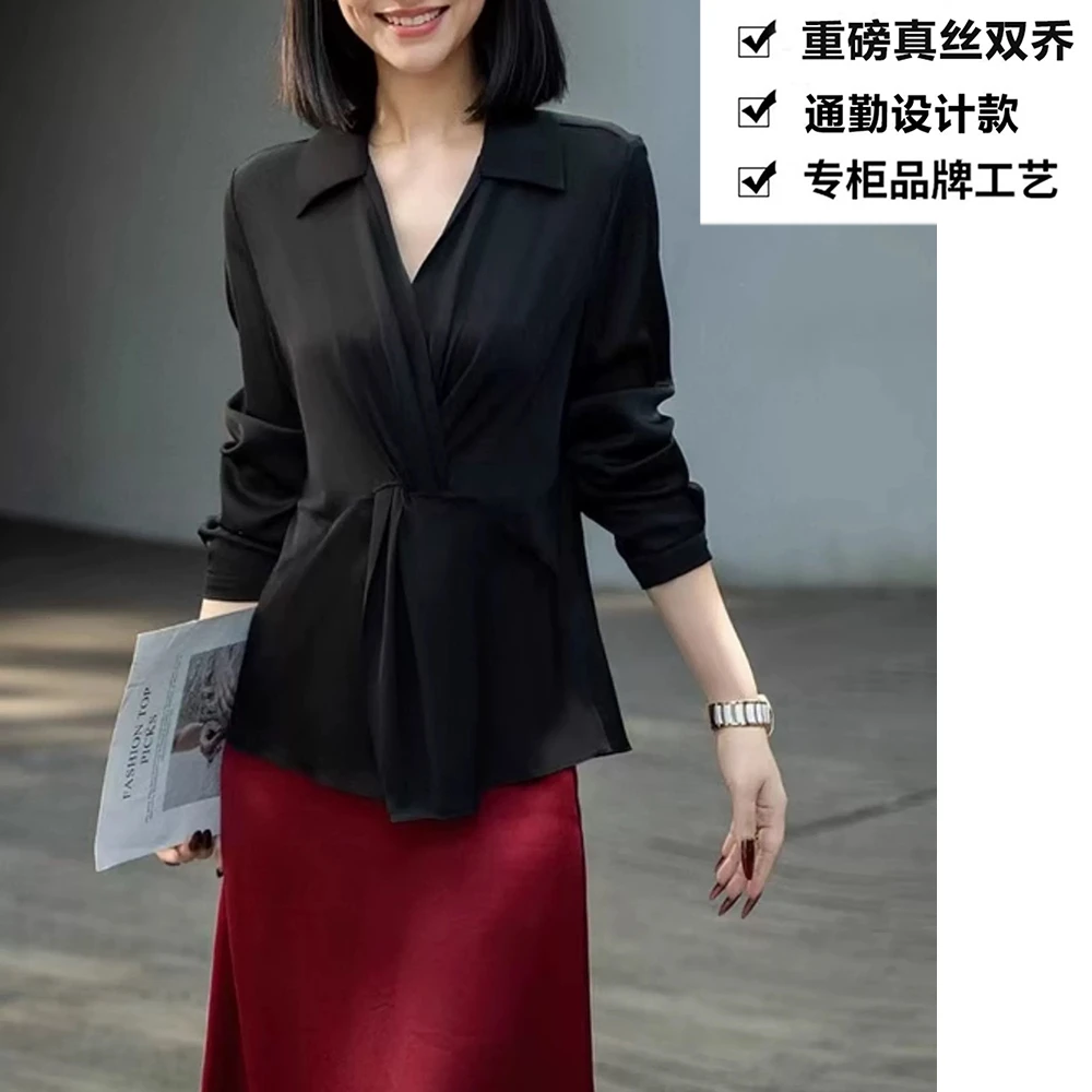 重磅真丝双乔法式气质感V领收腰显瘦桑蚕丝衬衫上衣ZKB03黑色