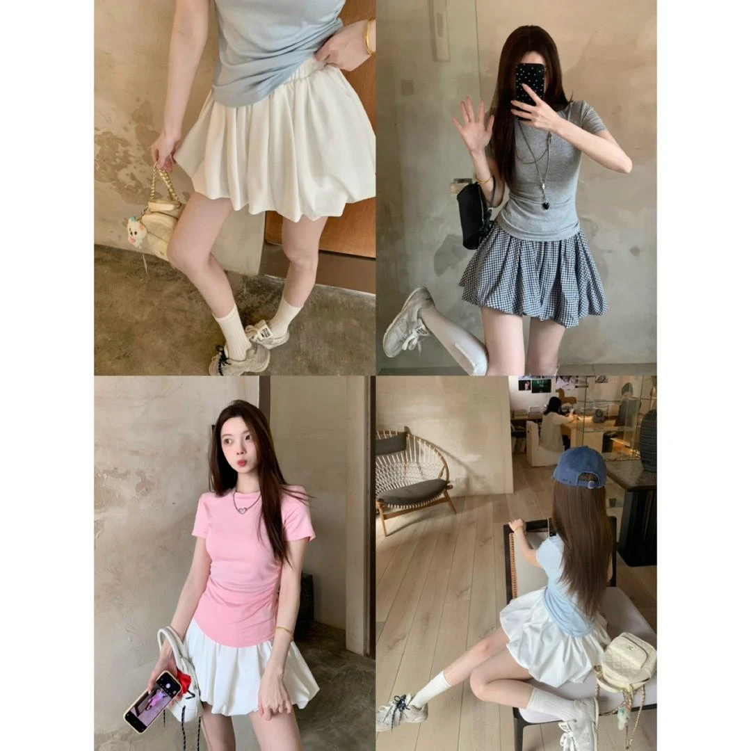 甜美白色花苞蓬蓬半身裙女气质百搭小个子高腰显瘦防走光a字裙子