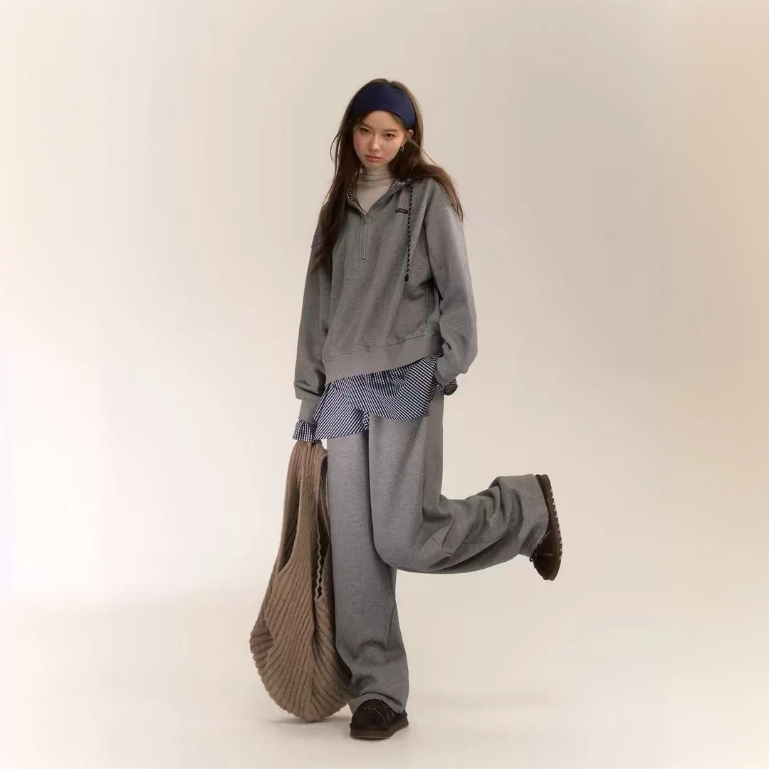 美式复古学院风假两件格纹拼接卫衣带屁帘卫裤空气棉套装