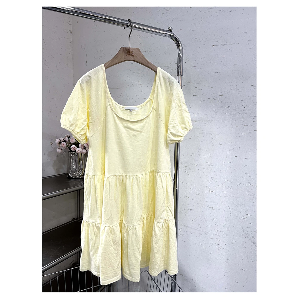 ML6662 夏季新款宽松中长款U领短袖拼接连衣裙