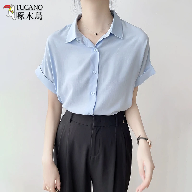 TUCANO/啄木鳥蓝色短袖衬衫女夏季新款显瘦遮肉职业通勤面试上衣