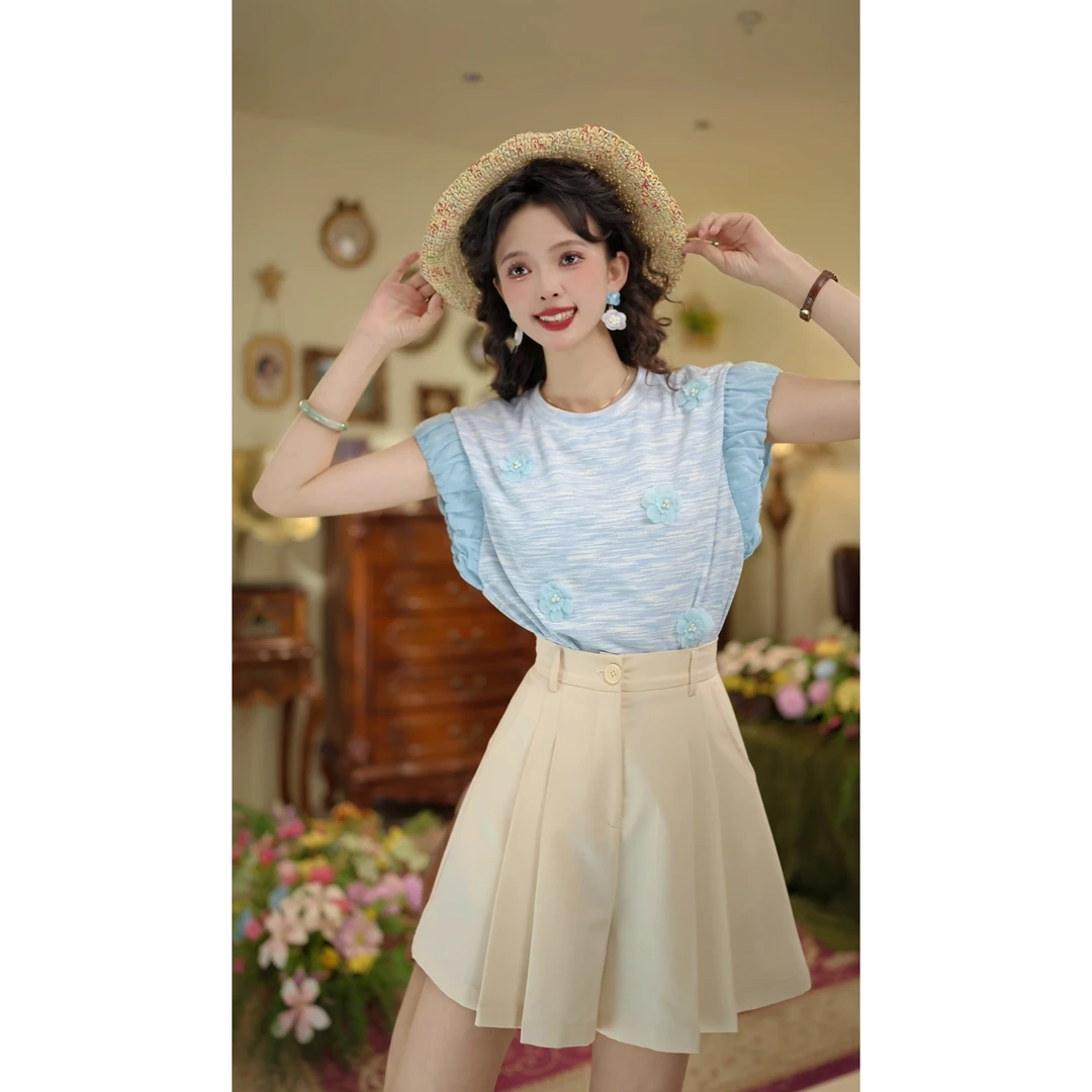 扣子家【蝴蝶兰】港风复古圆领显瘦T恤设计感宽松休闲上衣KE0706465