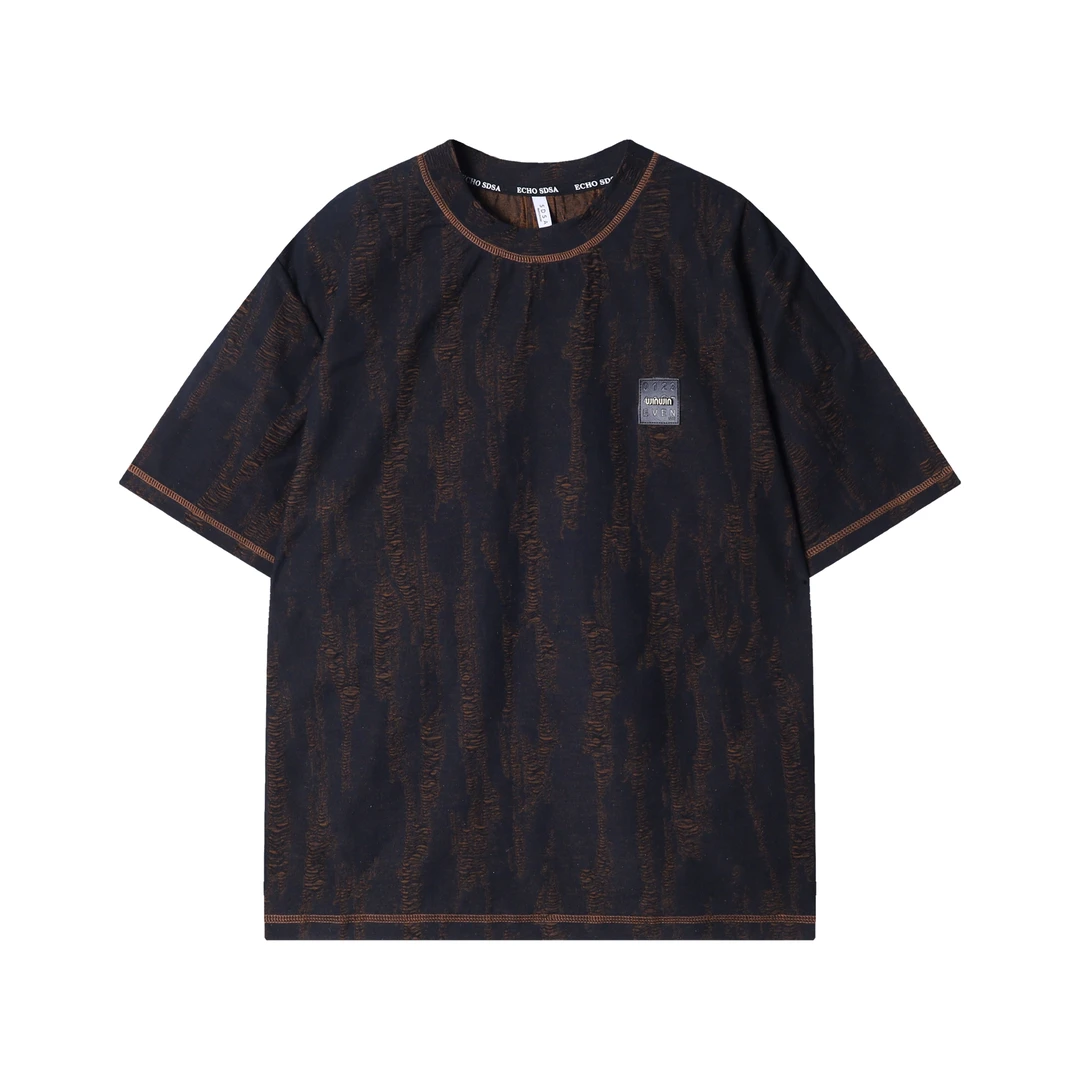 早春新款时尚个性韩版撞色磨破圆领短袖T恤高级感设计轻奢上衣