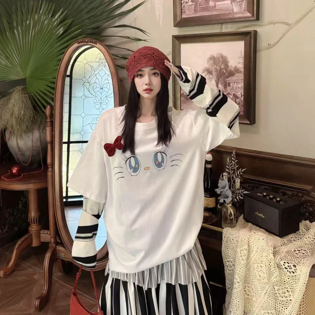 【星河微光】元气少女美丽猫拼接条纹袖子假两件T恤.Y675