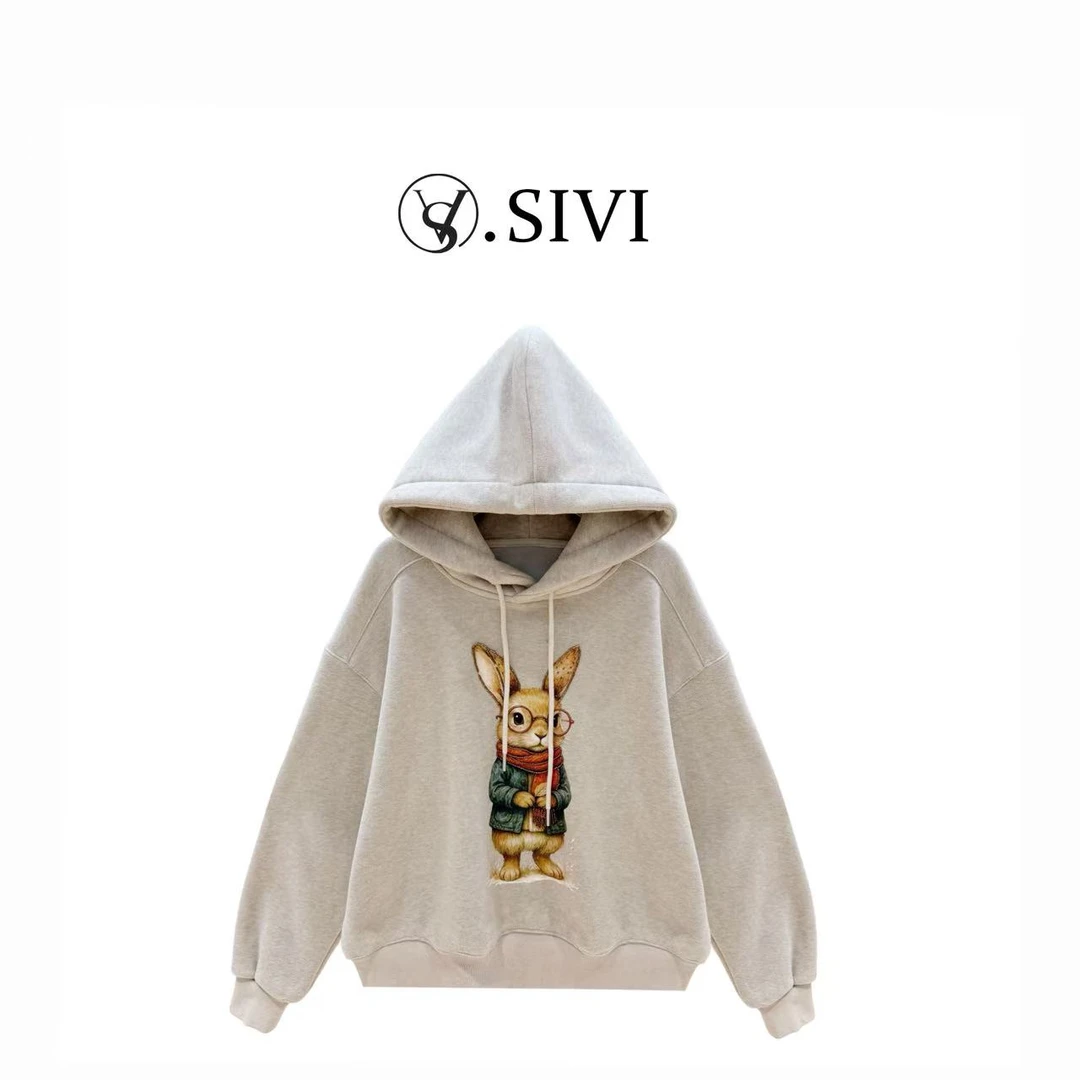 熙薇【兔然可爱】2025冬季新款卡通印花休闲加绒卫衣H6552