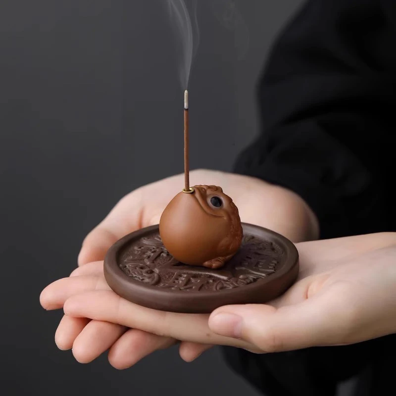 紫砂招财金蟾线香炉底座家用室内香插香座禅意茶台桌面香薰炉茶道