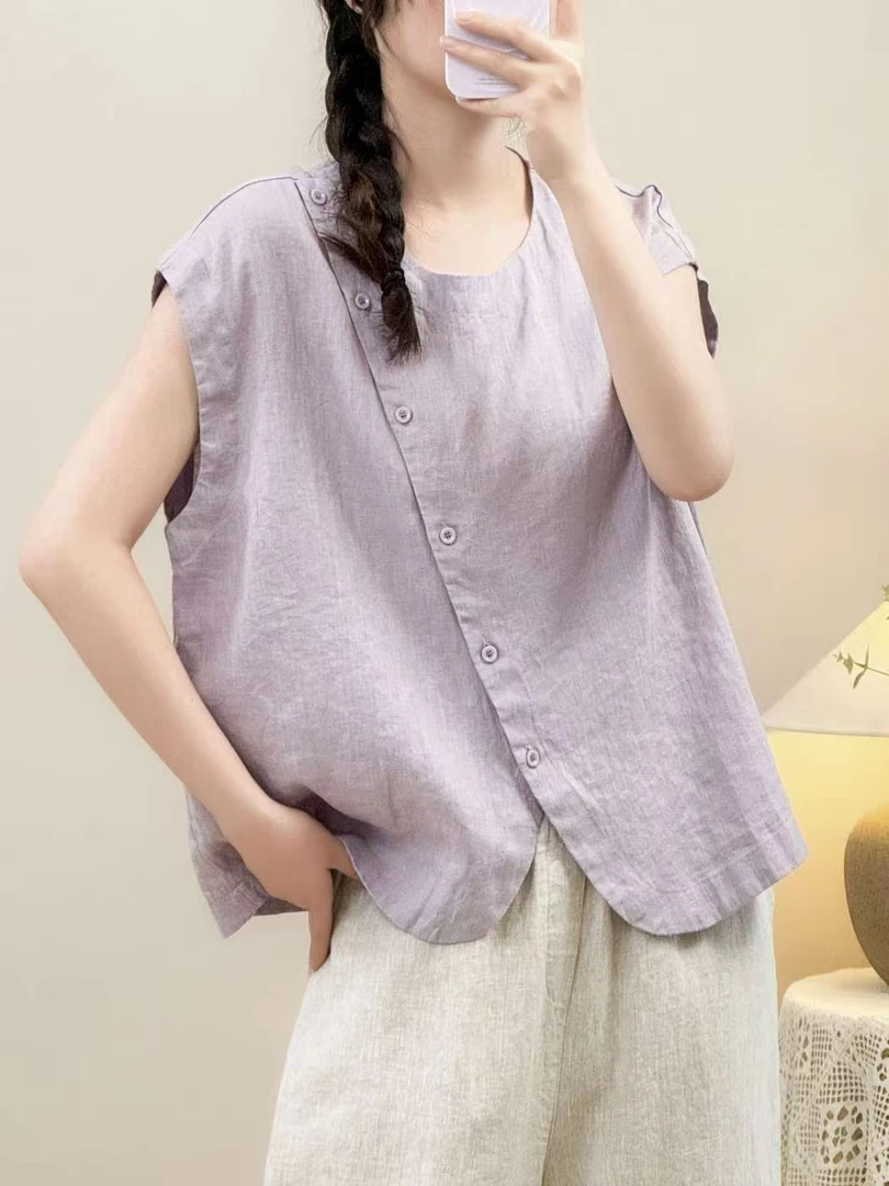 0049亚麻新款夏季宽松休闲百搭纯色短袖T恤