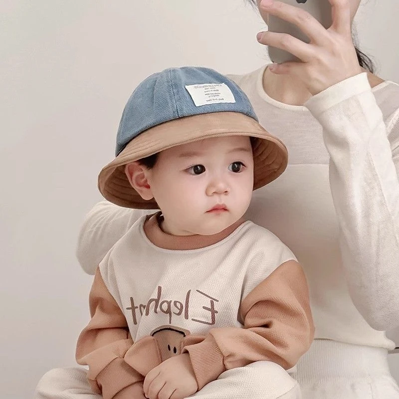 韩系拼色儿童帽子春秋薄款遮阳防晒渔夫帽男女宝宝潮流盆帽水桶帽