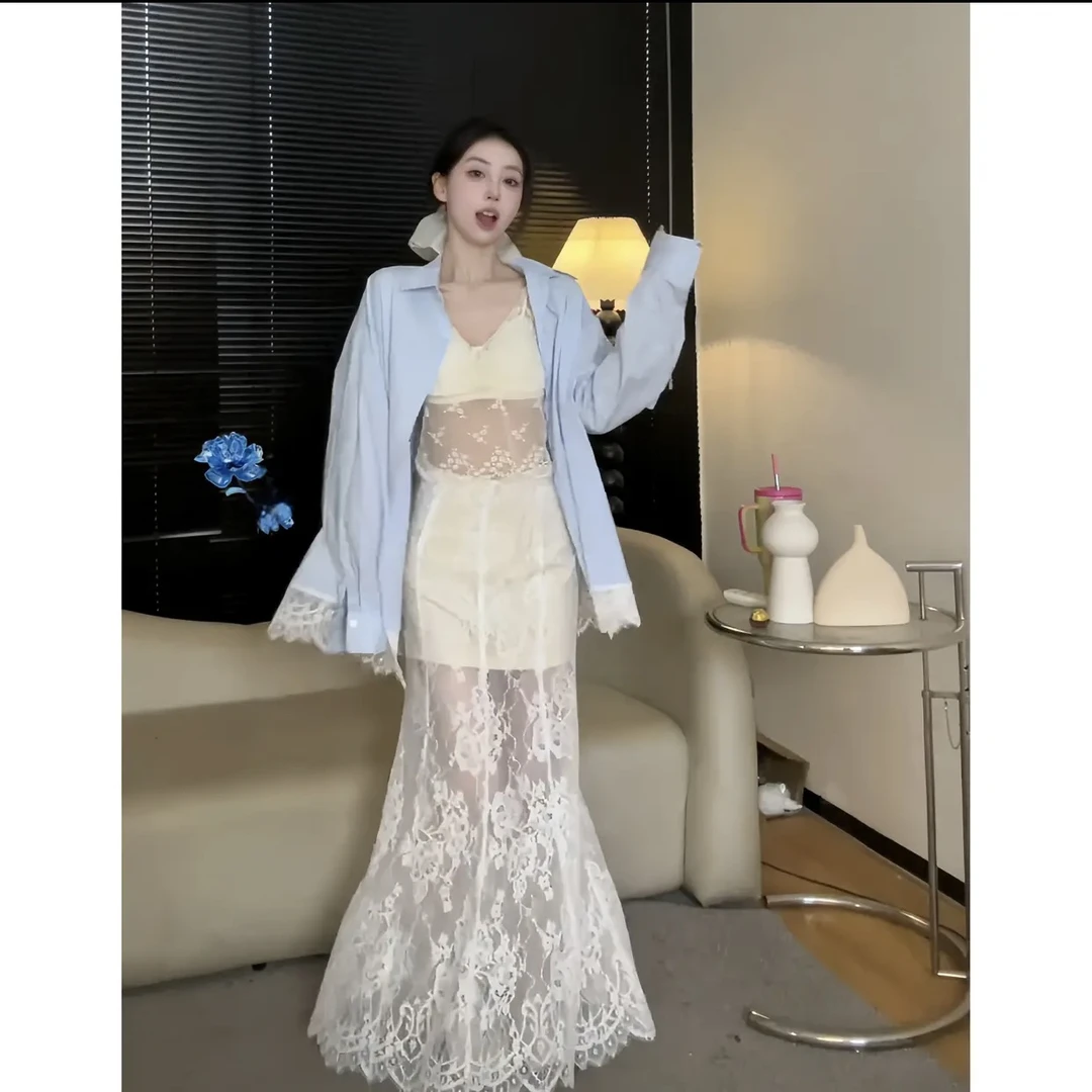 【冰岛慕斯】V领T恤+蕾丝衬衫+显瘦长款蕾丝半身裙上衣百搭套装春夏