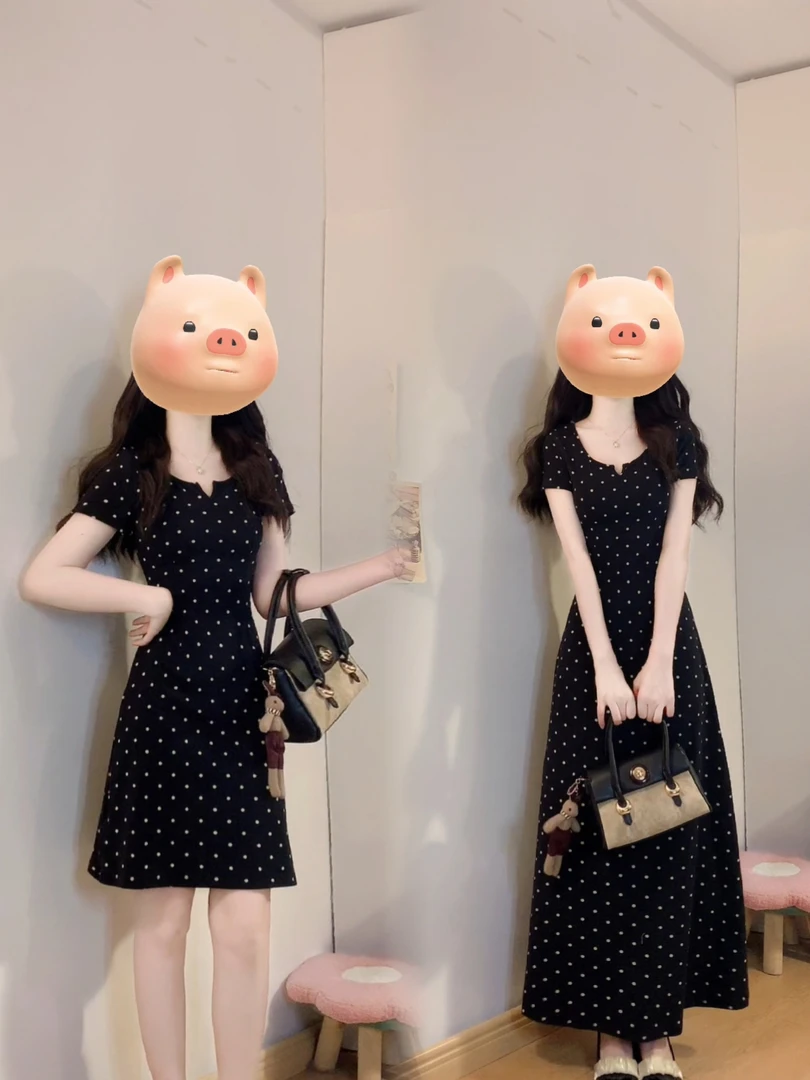 大码女装韩系收腰显瘦V领短袖裙子夏季胖mm法式高级感波点连衣裙