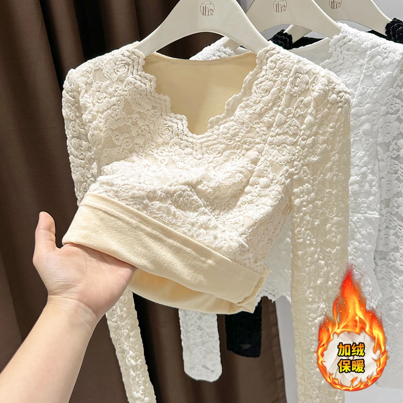 加绒加厚蕾丝打底衫女爆款2025新款秋冬黑色修身内搭长袖V领上衣