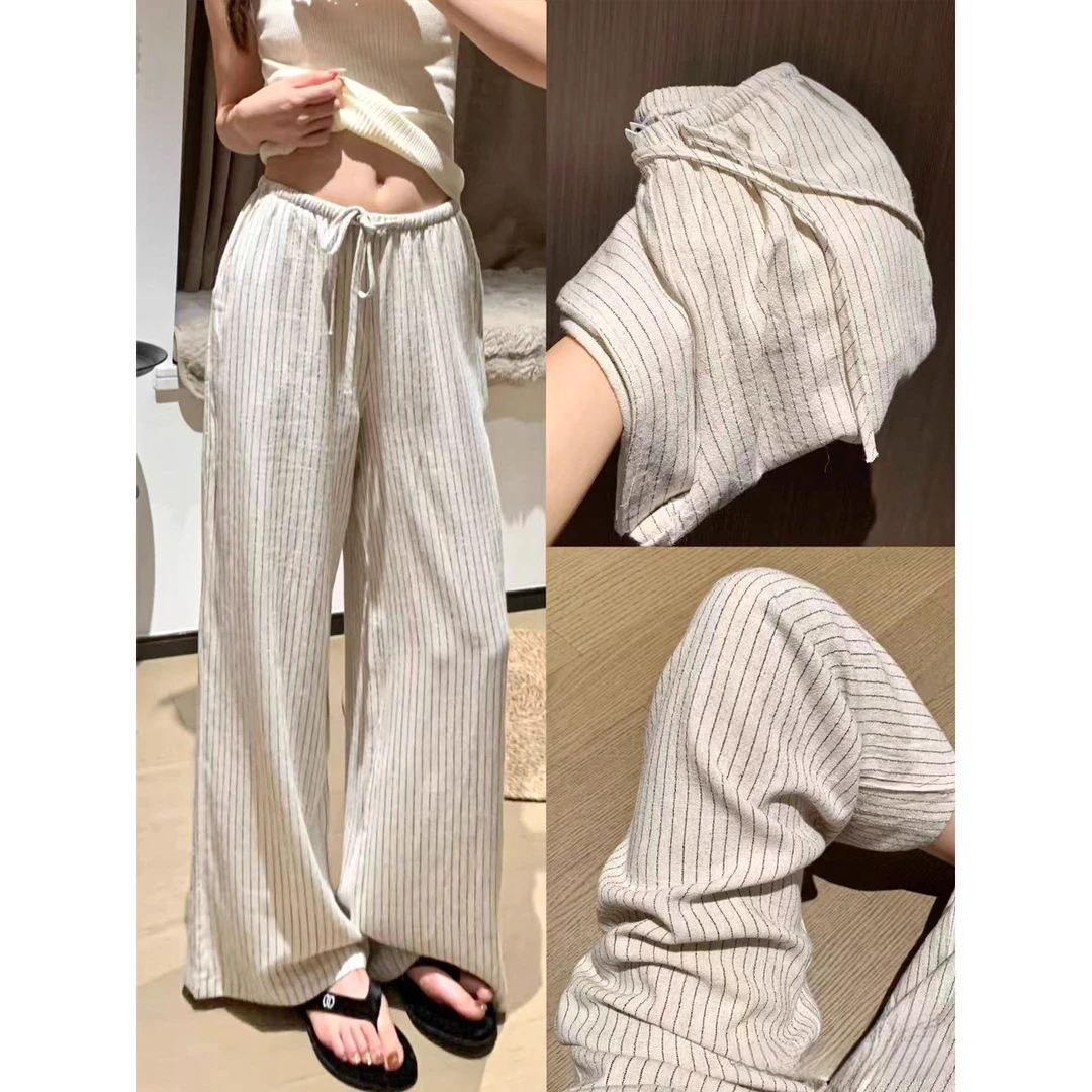亚麻条纹阔腿凉凉裤女夏季薄款2025新款休闲宽松小个子垂感棉麻裤