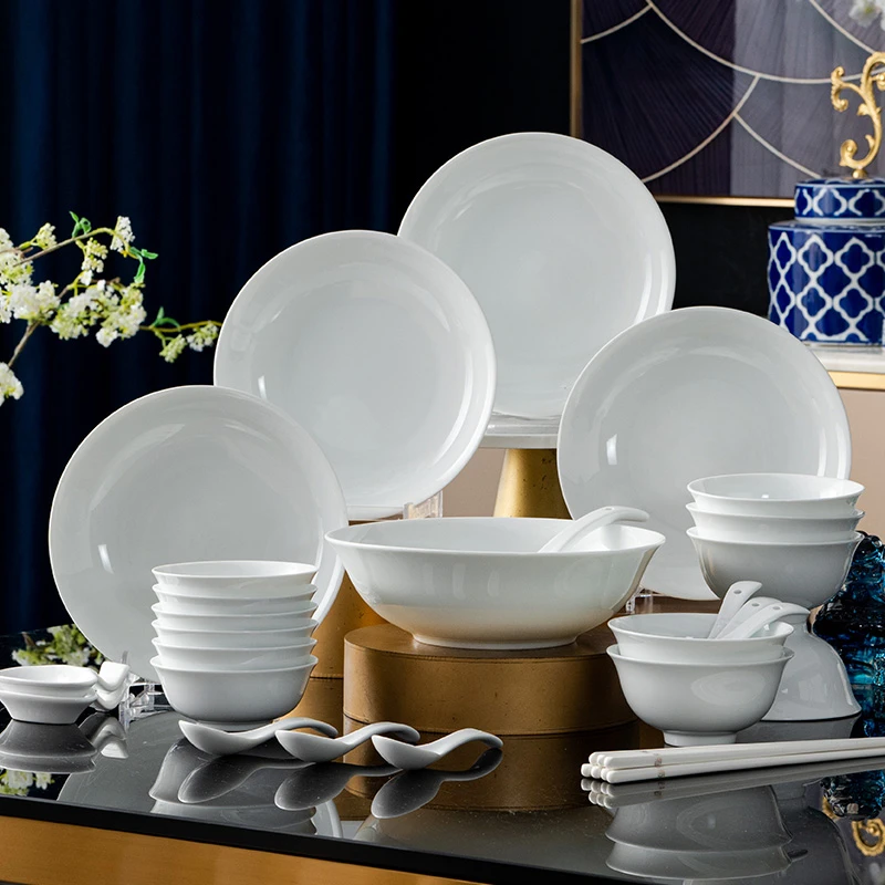 42头流霜景德镇高白泥高档中式乔迁新居结婚送礼白瓷餐具套装