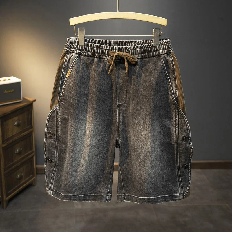 欧美拼色牛仔短裤男夏季新款纽扣拼接松紧腰五分裤薄款半截中裤男