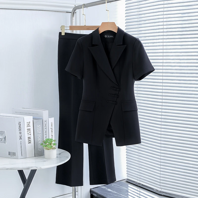 黑色短袖西装外套女夏薄款小个子高端职业正装新中式国风西服套装