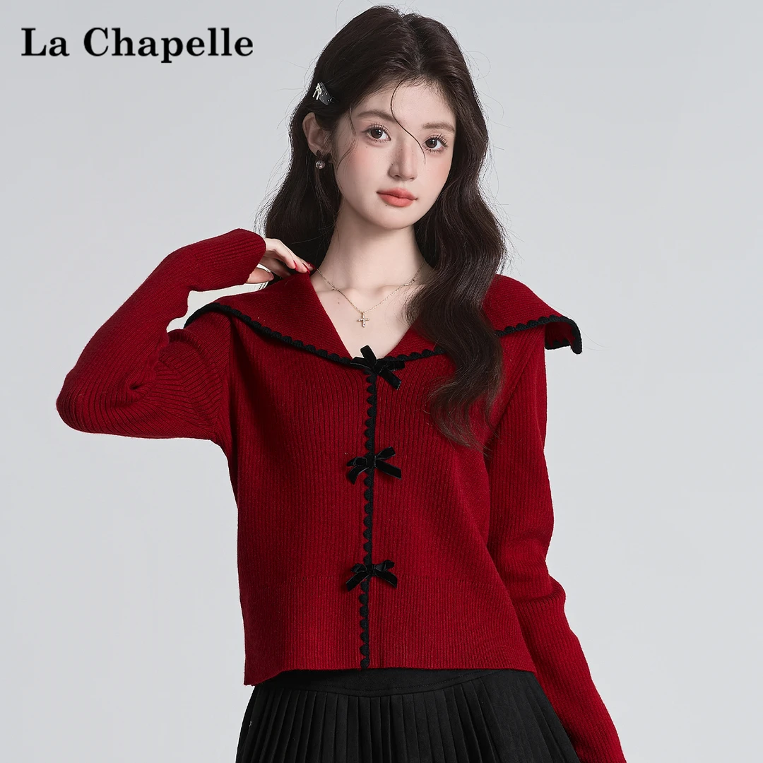 拉夏贝尔圣诞节海军领红色毛衣女冬季设计感内搭打底针织开衫外套