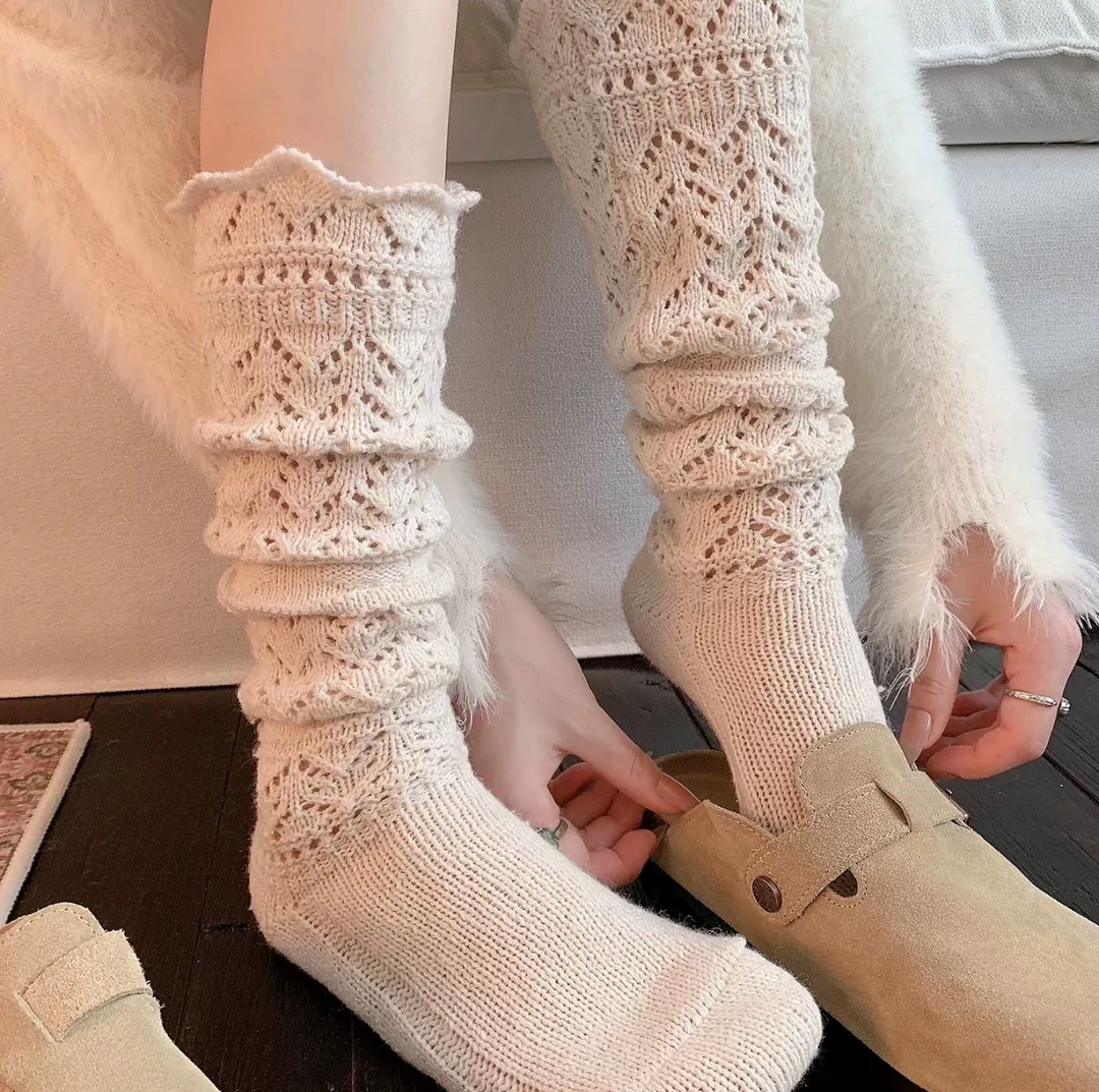 秋冬复古镂空针织网眼长筒袜女穿搭感粗针镂空小腿堆堆
