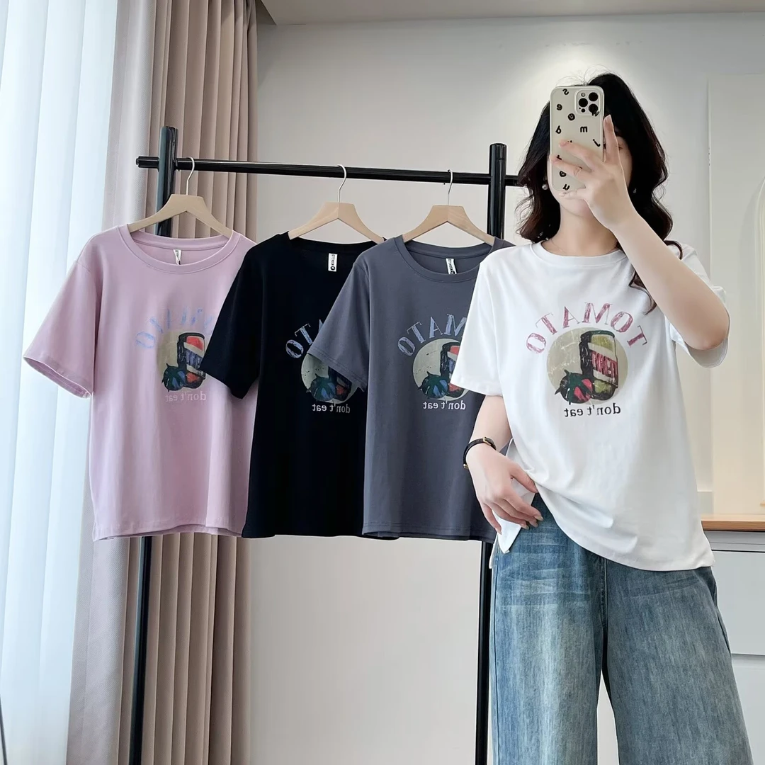 大码胖mm设计感休闲字母印花圆领短袖T恤女夏季新款上衣正肩遮肉