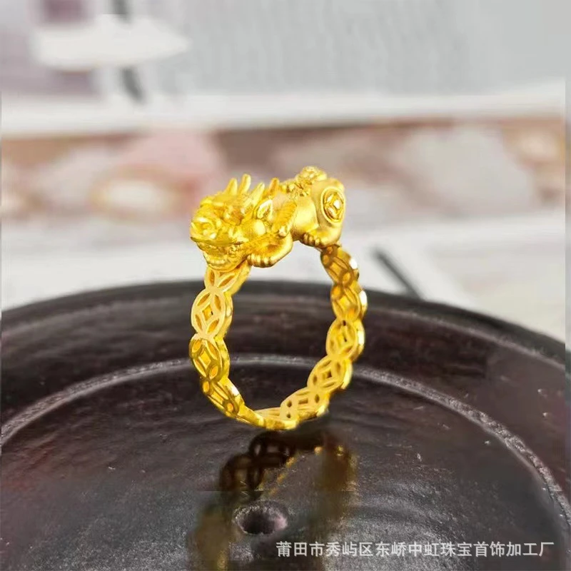 钱币貔貅开口戒指黄铜镀金转运霸气貔貅