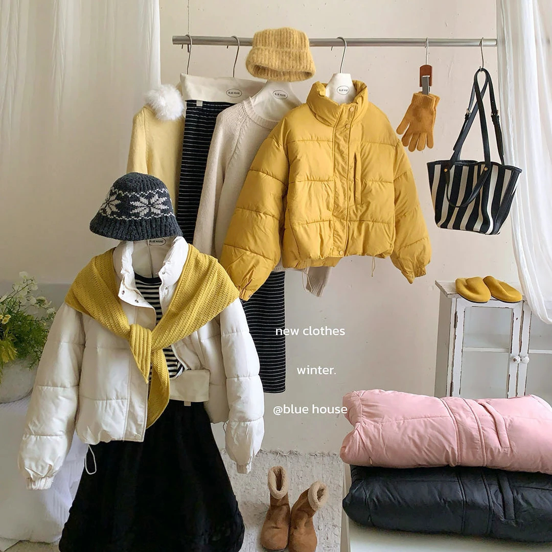 显白姜黄色半高领拉链棉服短外套女冬宽松抽绳加厚保暖面包服棉衣