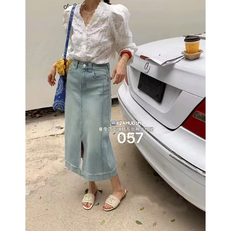 薇莎057【现货】弹力前叉牛仔半裙