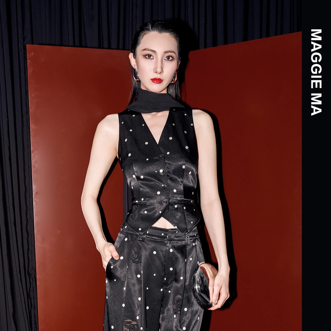 MAGGIE MA马婧设计师款夏季法式优雅轻薄灵动飘带波点马甲219S