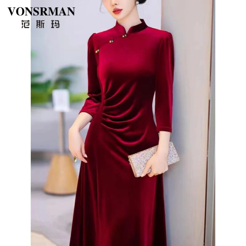 喜婆婆复古婚宴装2025新款秋冬酒红色旗袍礼服平时可穿气质连衣裙