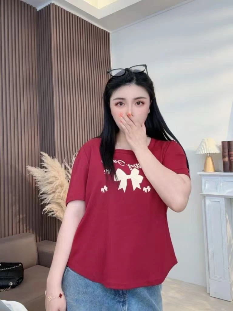 2025新款大码女装蝴蝶结印花正肩短袖T恤女小众设计感显瘦上衣