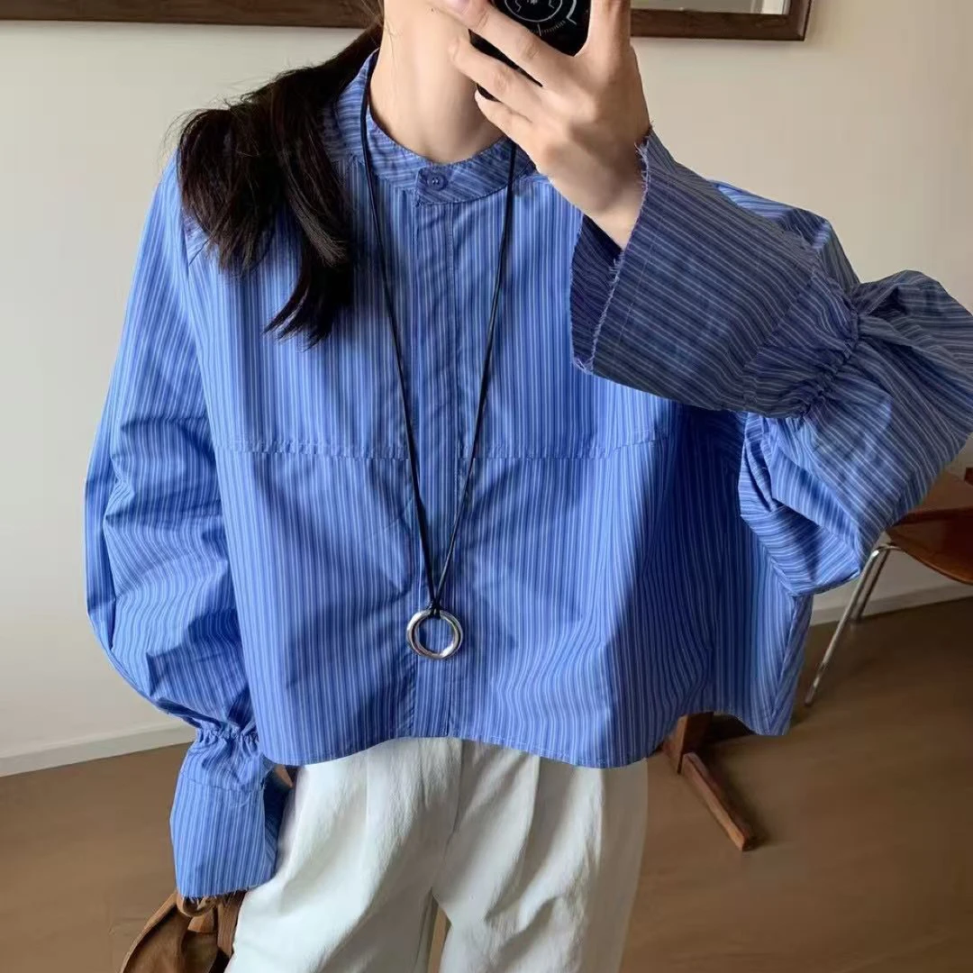 DA-J秋款蓝色时髦短款衬衫女小众条纹外套上衣