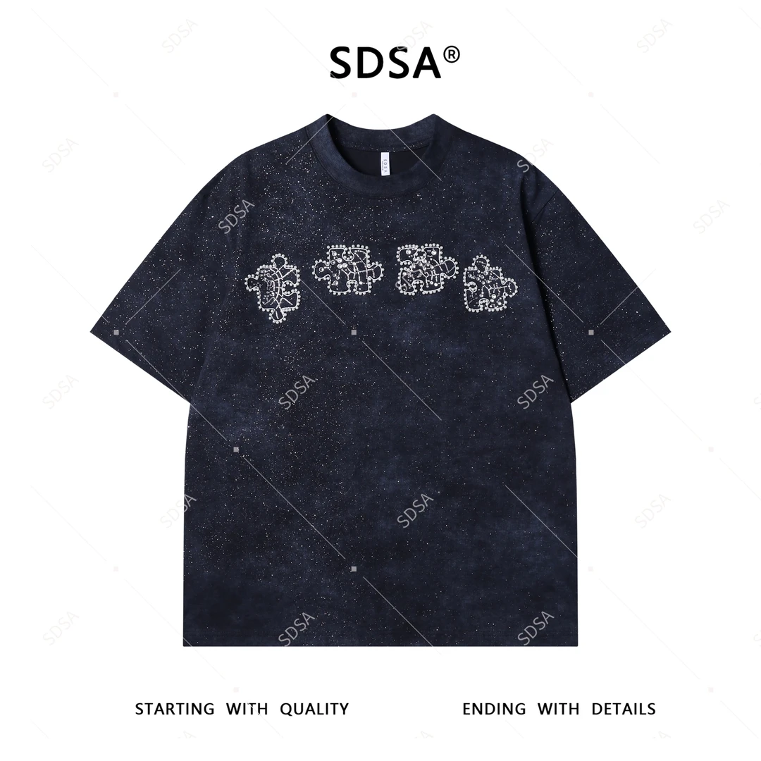 夏季高级感新款男士潮牌珠子烫钻拼图设计短袖T恤时尚圆领上衣潮