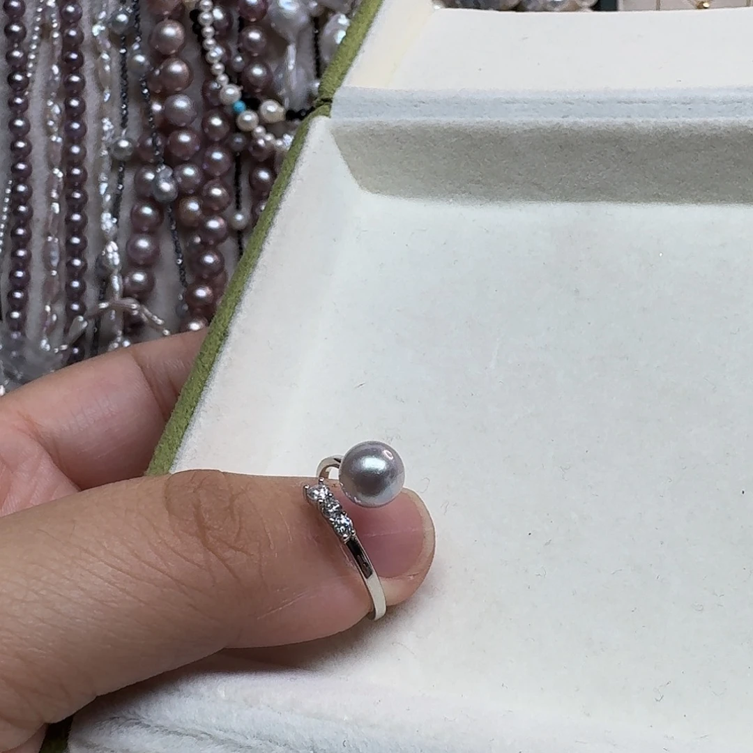 森***气海水珍珠戒指银S925镶嵌7.1mm真多麻戒指上开口