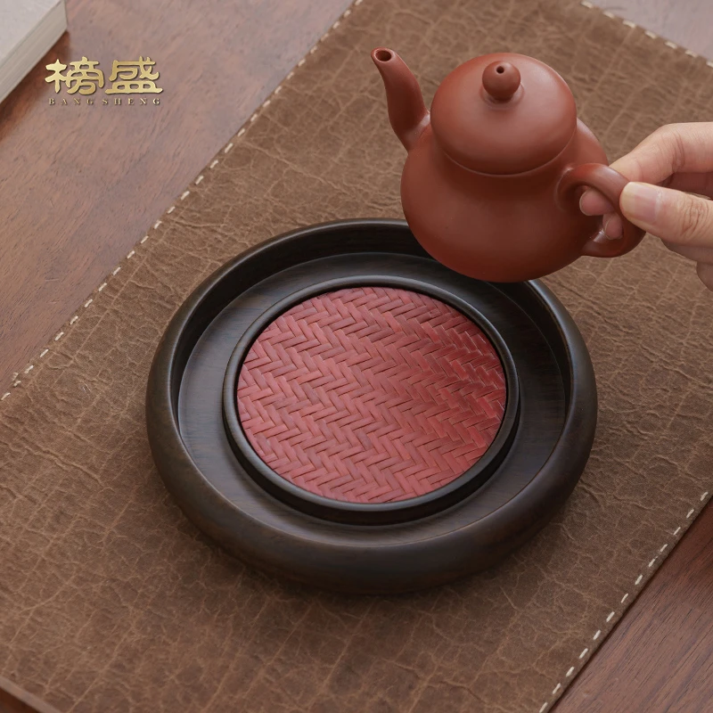 榜盛黑檀木竹编壶承高档干泡台茶盘紫砂养壶茶托盘中式茶具配件