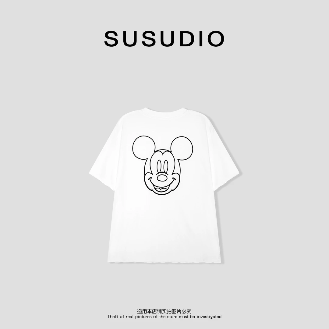 SUSUDIO 100棉宽松减龄卡通印花米奇冰凉破边短袖T恤10248
