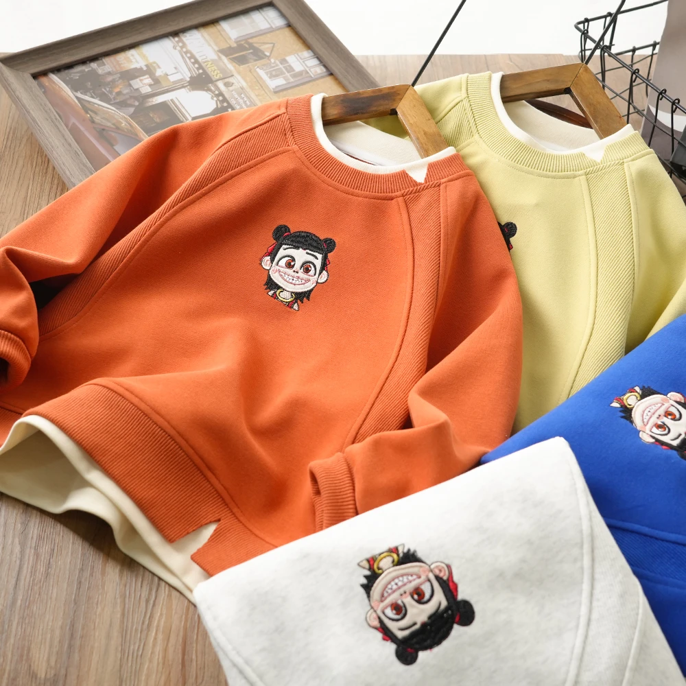 儿童春季哪吒刺绣假两件拼接卫衣中大童男童卡通上衣6241