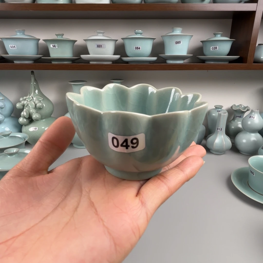 陶摆件汝瓷莲花杯支钉烧仿古釉