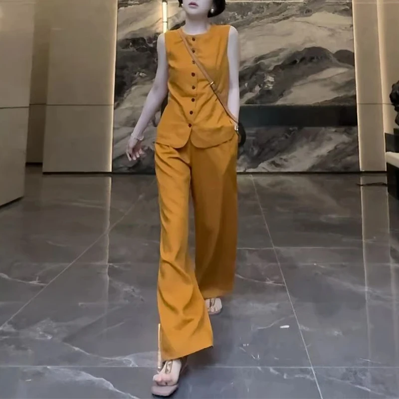 网红潮流休闲套装女2025夏季新款减龄无袖马甲背心阔腿裤两件套