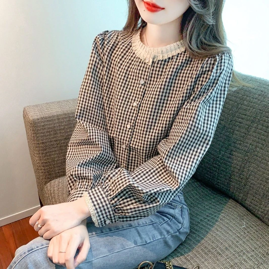 2025春秋季复古圆领蕾丝高级感格子衬衫女秋季新款长袖气质上衣