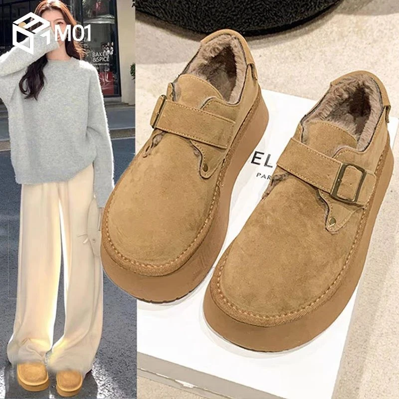 女款2025秋冬可搭配厚底加绒合成革鞋面人造长毛绒内里休闲风豆豆