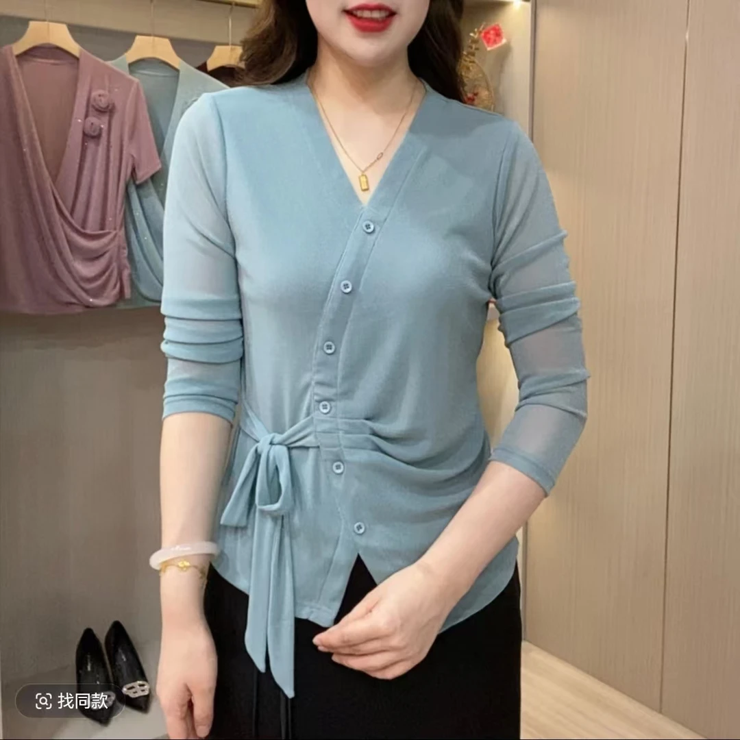 2025秋季上衣妈妈装时尚显瘦气质洋气系带休闲打底衫长袖