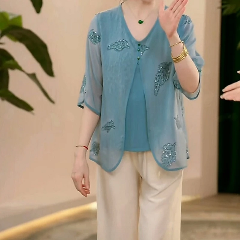 2025夏季新款时尚中国风妈妈装洋气修身显瘦薄款透气舒适小衫套装