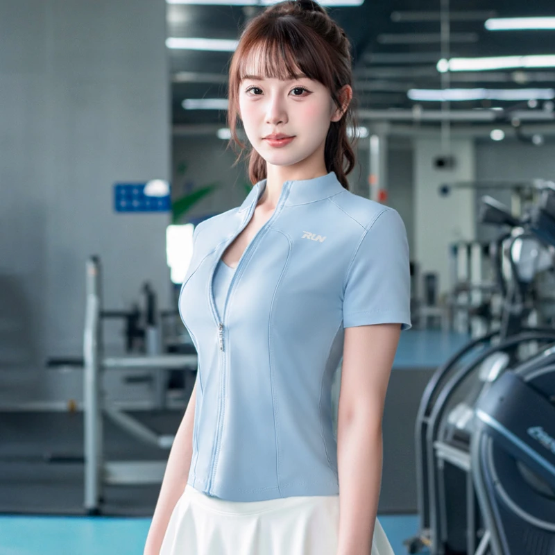 夏季短袖外套女弹力立领修身裸感骑行马术健身瑜伽女运动开衫外套