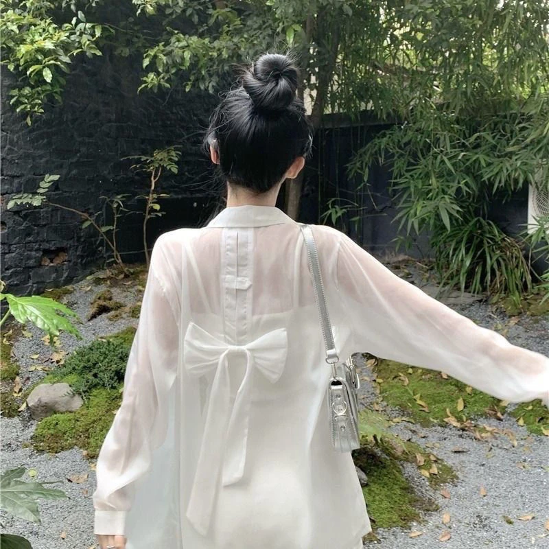 设计感蝴蝶结露背防晒衬衫外套女夏薄纱雪纺冰丝开衫衬衣上衣外套