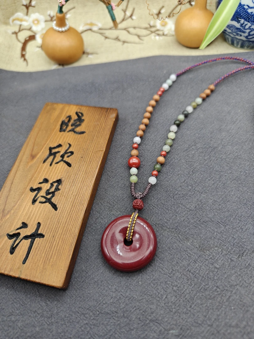 含辰砂工艺品天然压制朱砂紫金砂平安扣毛衣链吊坠37+
